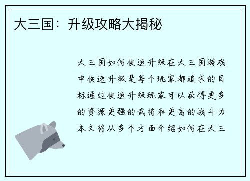 大三国：升级攻略大揭秘